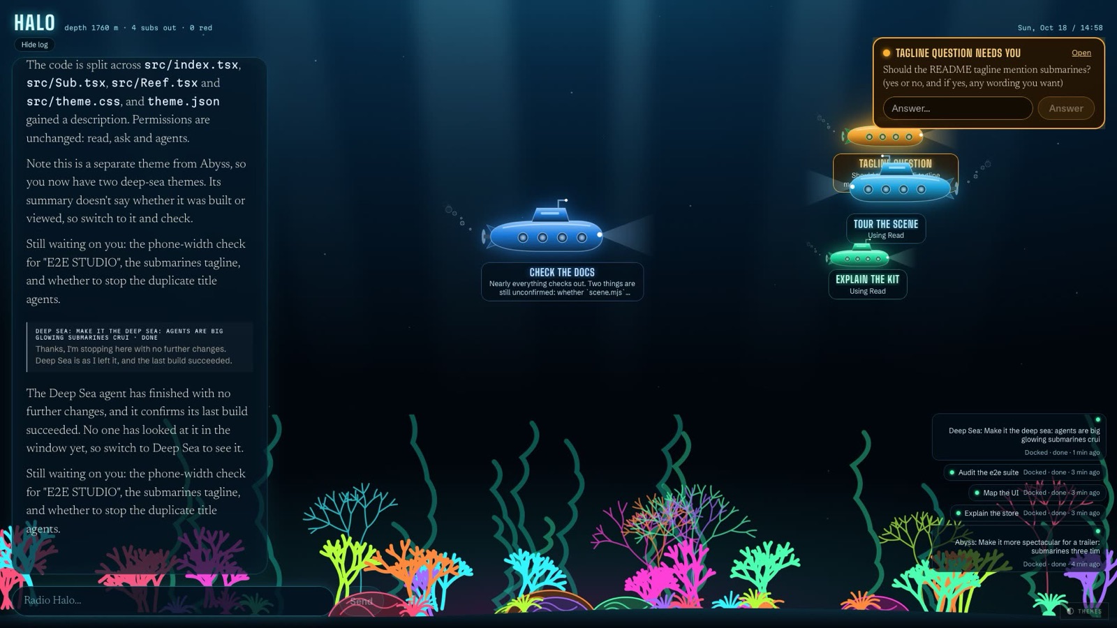 The Deep Sea theme: agents as submarines over a neon coral reef