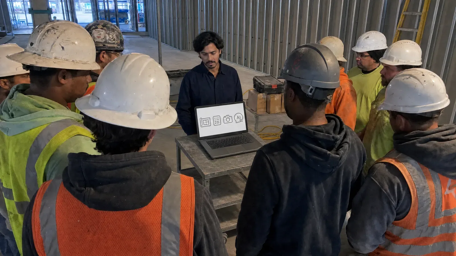 Construction team receiving practical AI training on an active jobsite