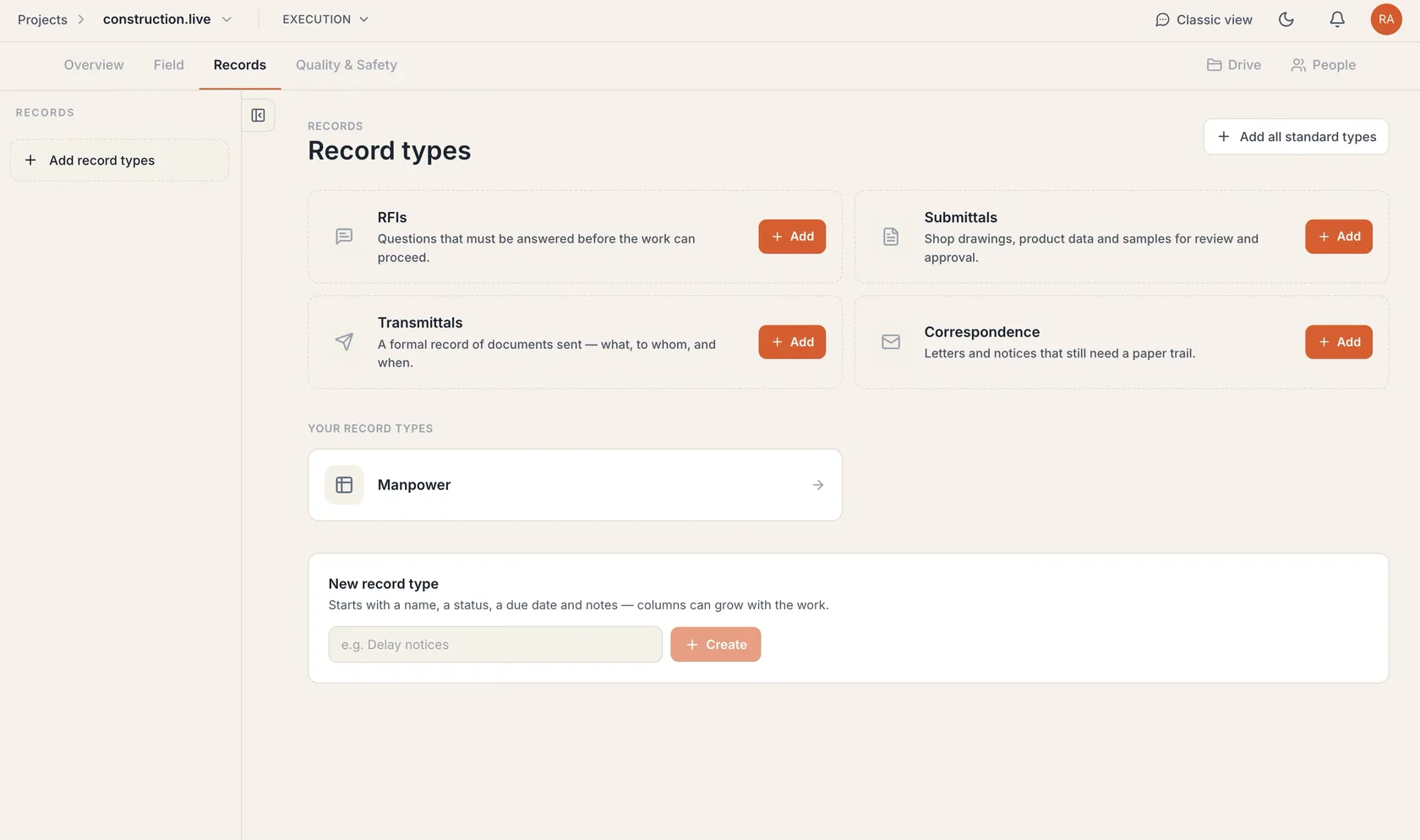 construction.live approval workflow for RFIs, submittals, and transmittals