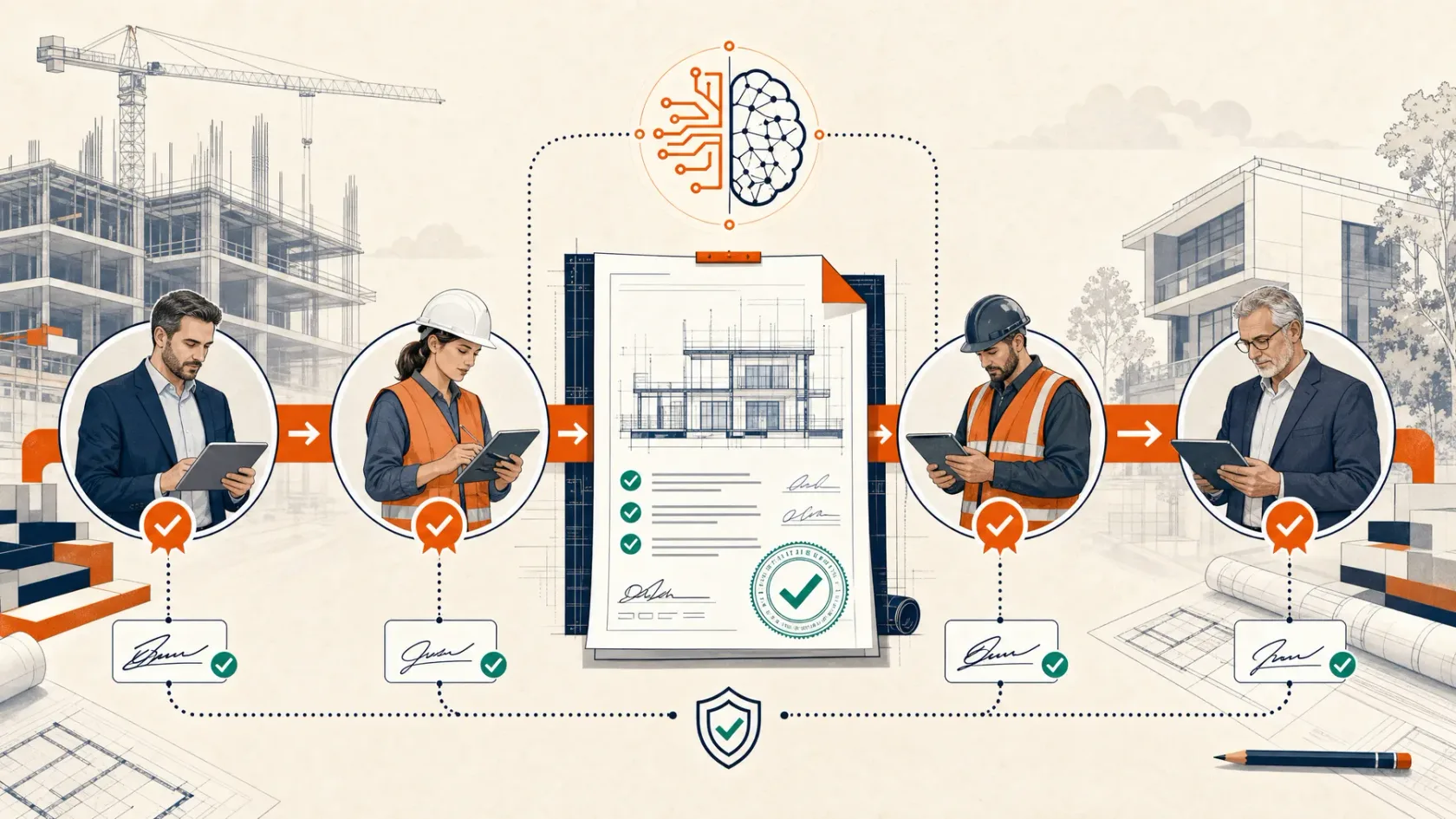 A construction document moving through an ordered multi-party authorization workflow