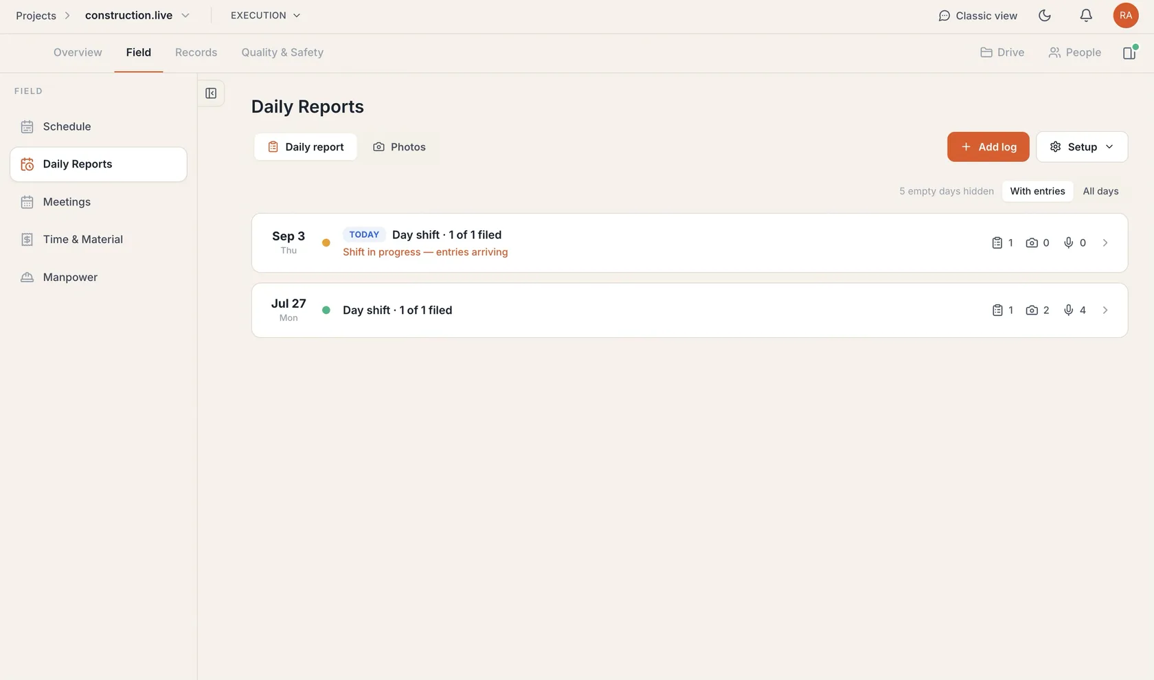 Connected field, office, and administrative workflows in construction.live
